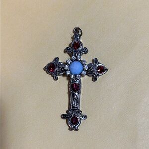 Silver Tone Pendant Cross Red Clear Blue Rhinestones 2 7/8 x 1 3/4"